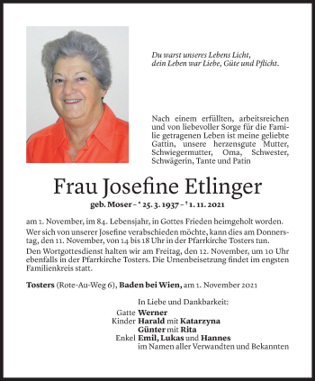 Todesanzeige von Josefine Etlinger von Vorarlberger Nachrichten