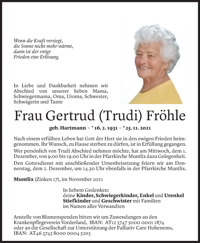  Todesanzeige für Gertrud Fröhle vom 29.11.2021 aus Vorarlberger Nachrichten
