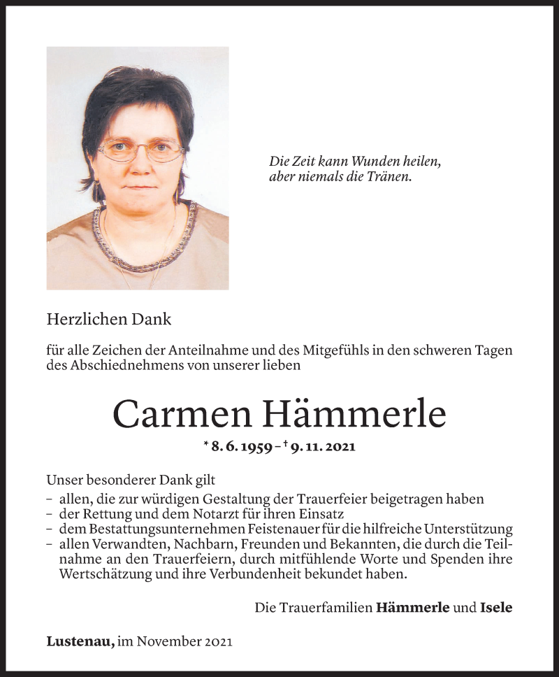  Todesanzeige für Carmen Hämmerle vom 26.11.2021 aus Vorarlberger Nachrichten