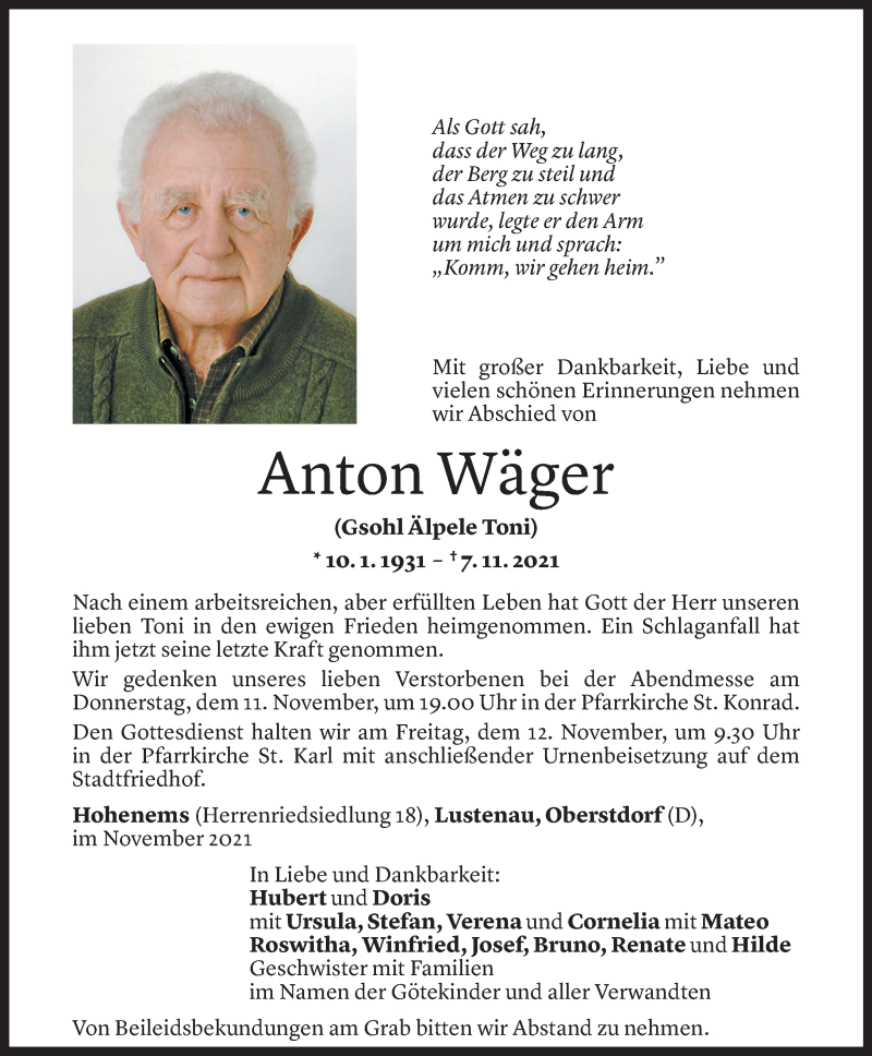  Todesanzeige für Anton Wäger vom 10.11.2021 aus Vorarlberger Nachrichten