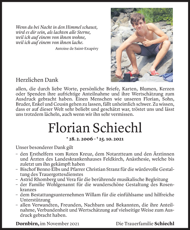  Todesanzeige für Florian Schiechl vom 20.11.2021 aus Vorarlberger Nachrichten