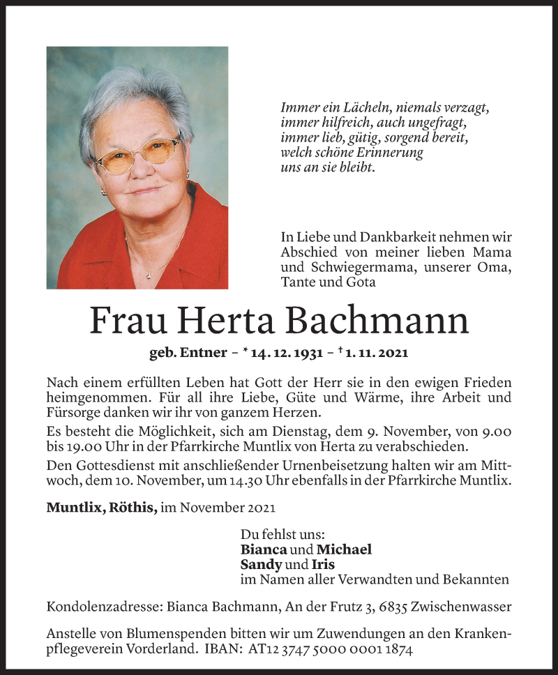  Todesanzeige für Herta Bachmann vom 06.11.2021 aus Vorarlberger Nachrichten