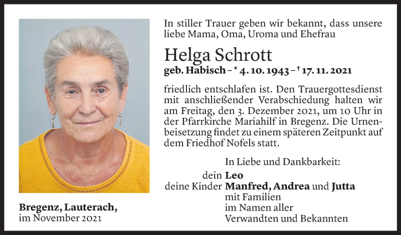  Todesanzeige für Helga Schrott vom 28.11.2021 aus Vorarlberger Nachrichten