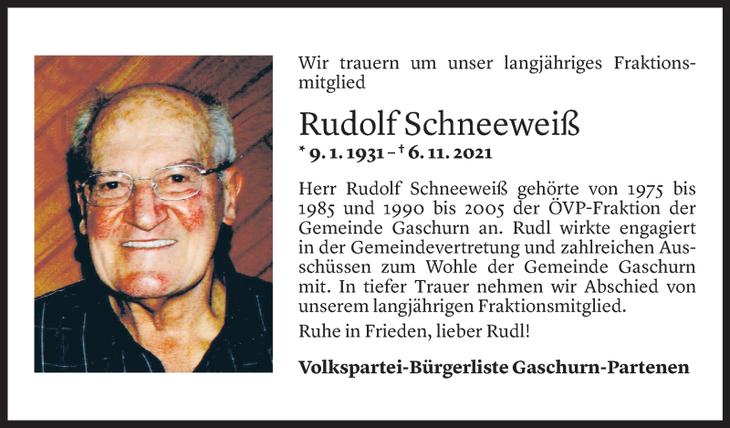  Todesanzeige für Rudolf Schneeweiß vom 08.11.2021 aus Vorarlberger Nachrichten