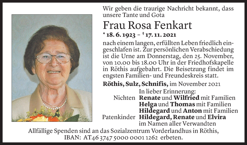  Todesanzeige für Rosa Fenkart vom 23.11.2021 aus Vorarlberger Nachrichten