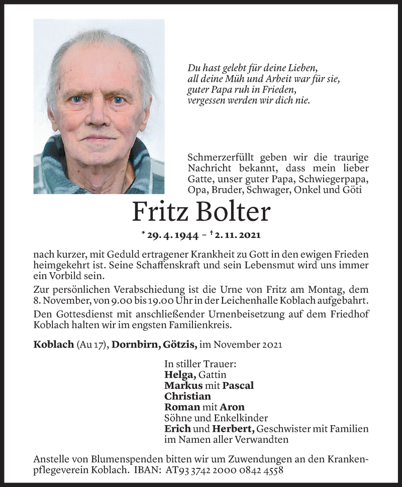 Todesanzeige für Fritz Bolter vom 05.11.2021 aus Vorarlberger Nachrichten