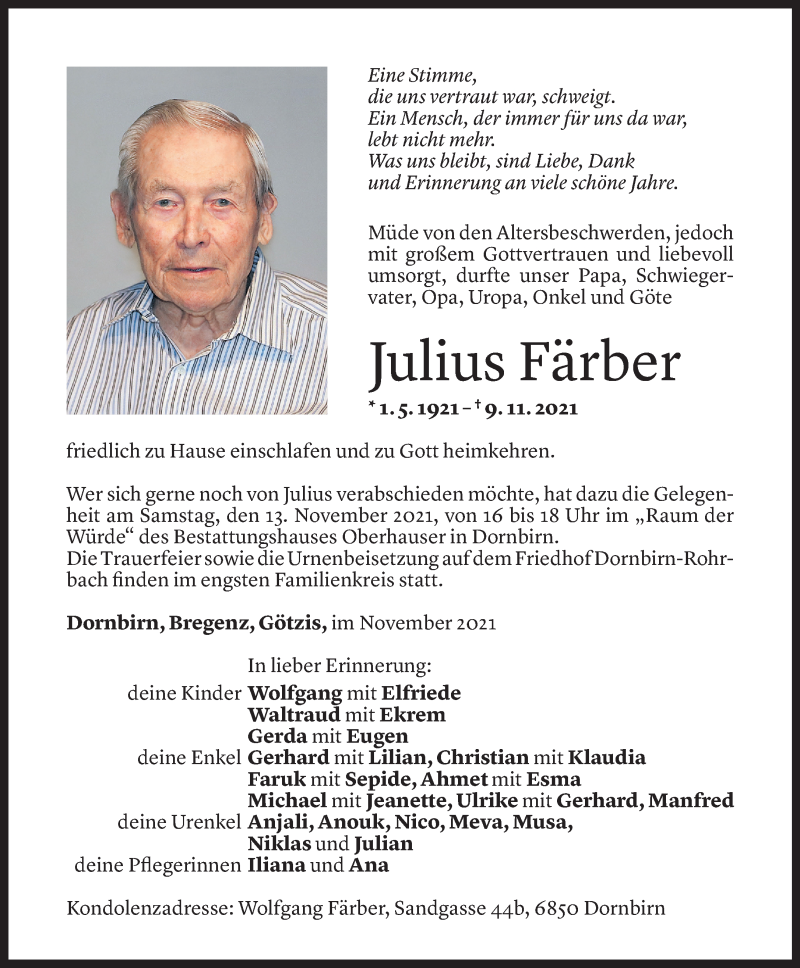  Todesanzeige für Julius Färber vom 11.11.2021 aus Vorarlberger Nachrichten
