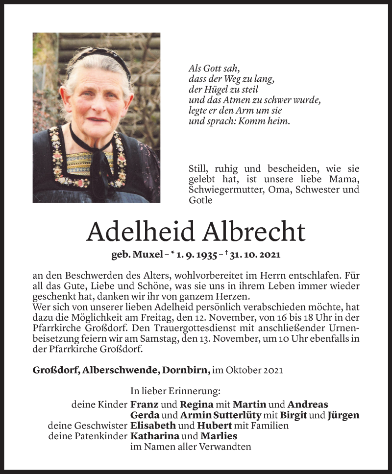  Todesanzeige für Adelheid Albrecht vom 10.11.2021 aus Vorarlberger Nachrichten