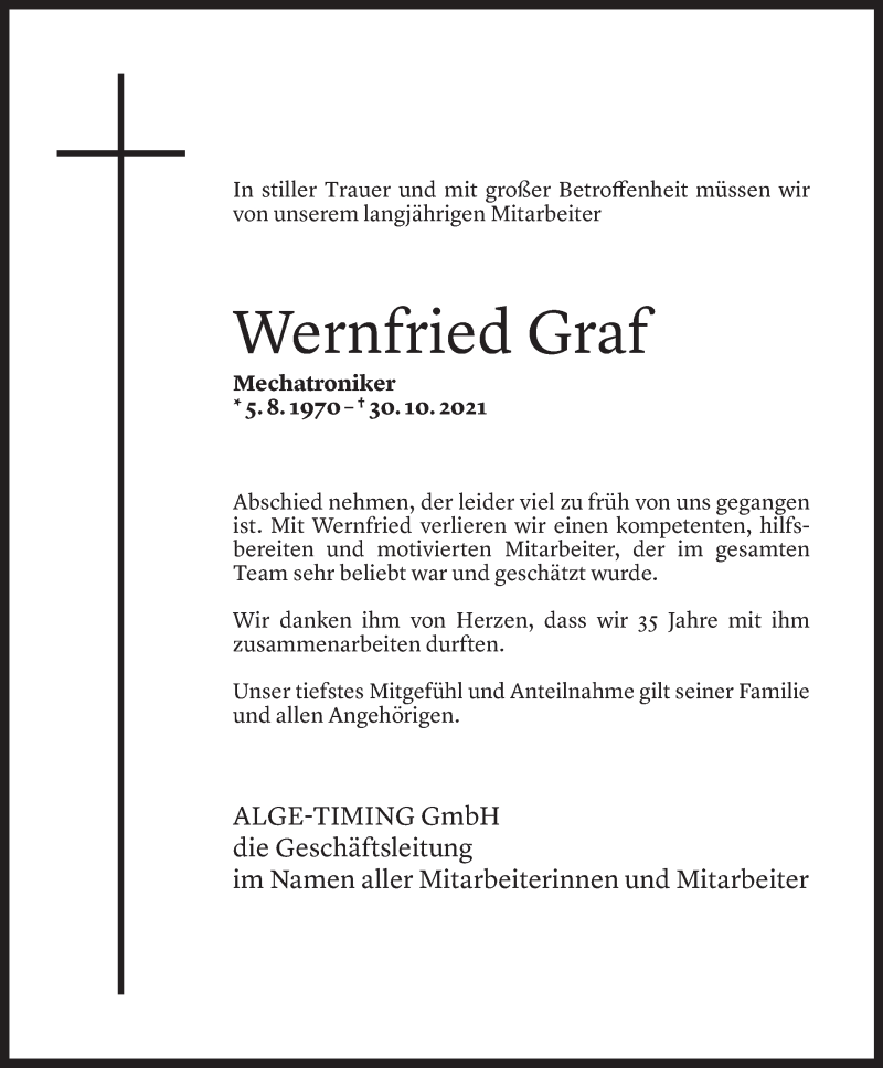  Todesanzeige für Wernfried Graf vom 02.11.2021 aus Vorarlberger Nachrichten