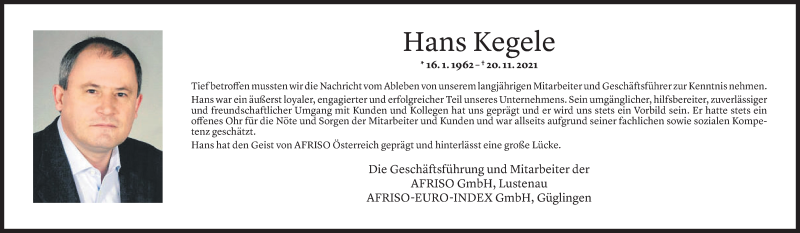  Todesanzeige für Hans Kegele vom 25.11.2021 aus Vorarlberger Nachrichten