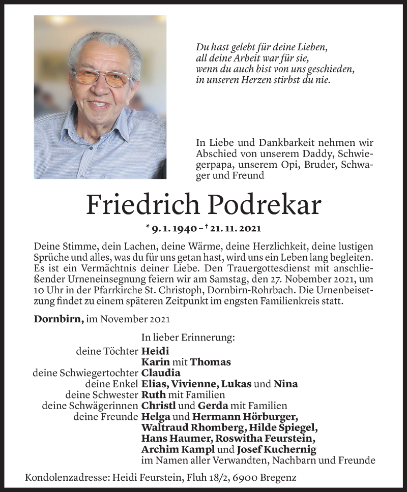 Todesanzeige für Friedrich Podrekar vom 23.11.2021 aus Vorarlberger Nachrichten