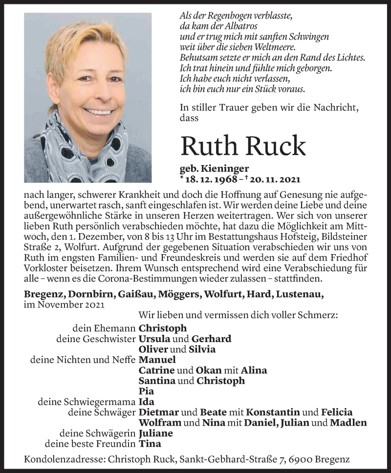  Todesanzeige für Ruth Ruck vom 26.11.2021 aus Vorarlberger Nachrichten
