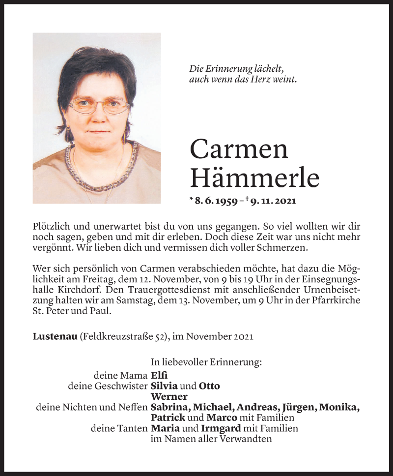  Todesanzeige für Carmen Hämmerle vom 10.11.2021 aus Vorarlberger Nachrichten