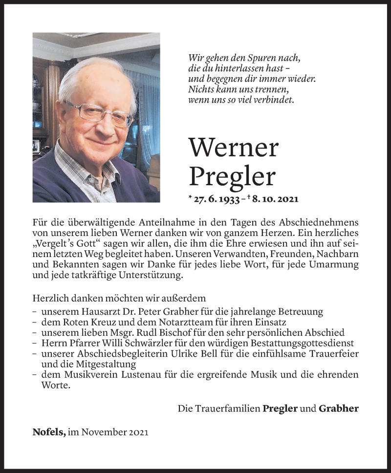  Todesanzeige für Werner Pregler vom 26.11.2021 aus Vorarlberger Nachrichten