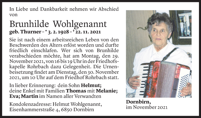  Todesanzeige für Brunhilde Wohlgenannt vom 26.11.2021 aus Vorarlberger Nachrichten