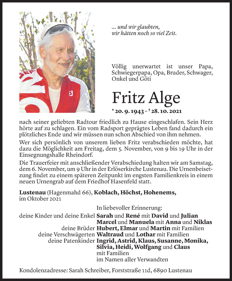  Todesanzeige für Fritz Alge vom 02.11.2021 aus Vorarlberger Nachrichten
