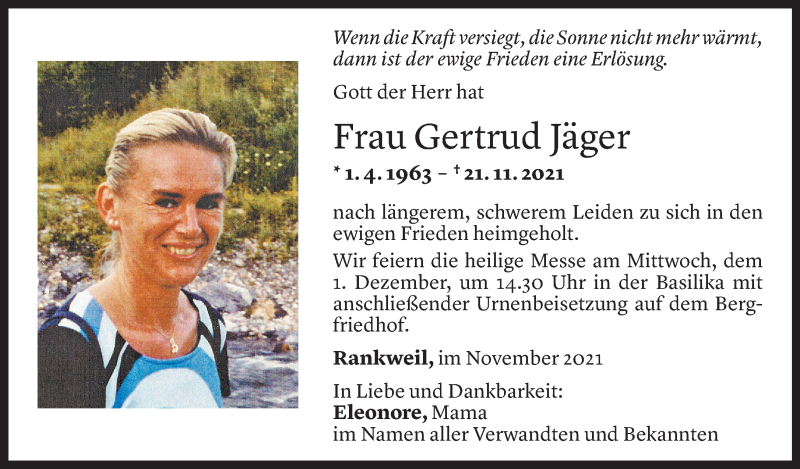  Todesanzeige für Gertrud Jäger vom 29.11.2021 aus Vorarlberger Nachrichten