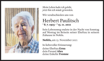 Todesanzeige von Herbert Paulitsch von Vorarlberger Nachrichten