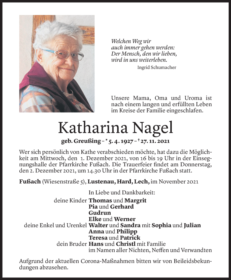  Todesanzeige für Katharina Nagel vom 29.11.2021 aus Vorarlberger Nachrichten