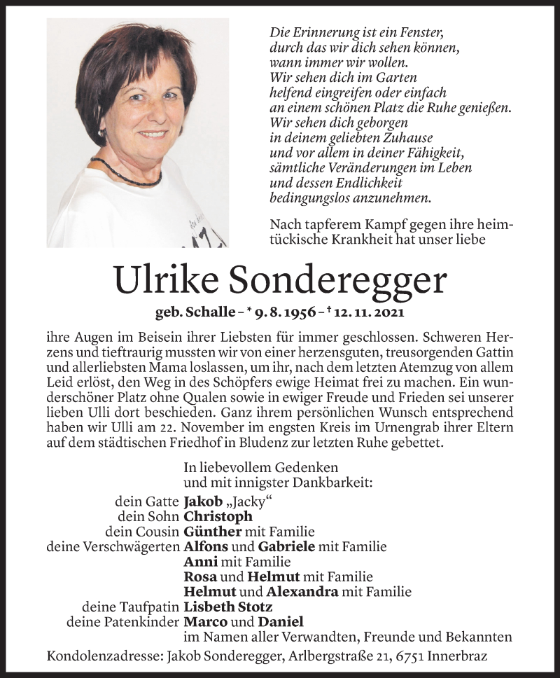  Todesanzeige für Ulrike Sonderegger vom 23.11.2021 aus Vorarlberger Nachrichten