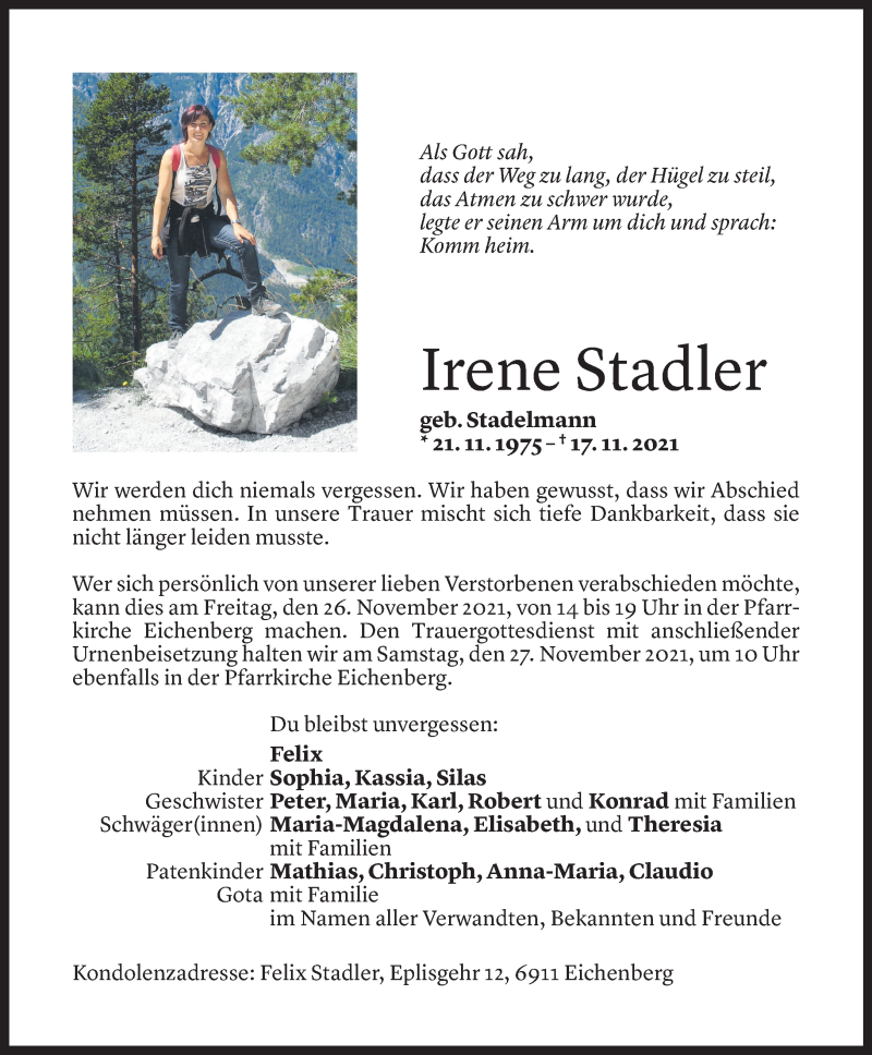  Todesanzeige für Irene Stadler vom 22.11.2021 aus Vorarlberger Nachrichten