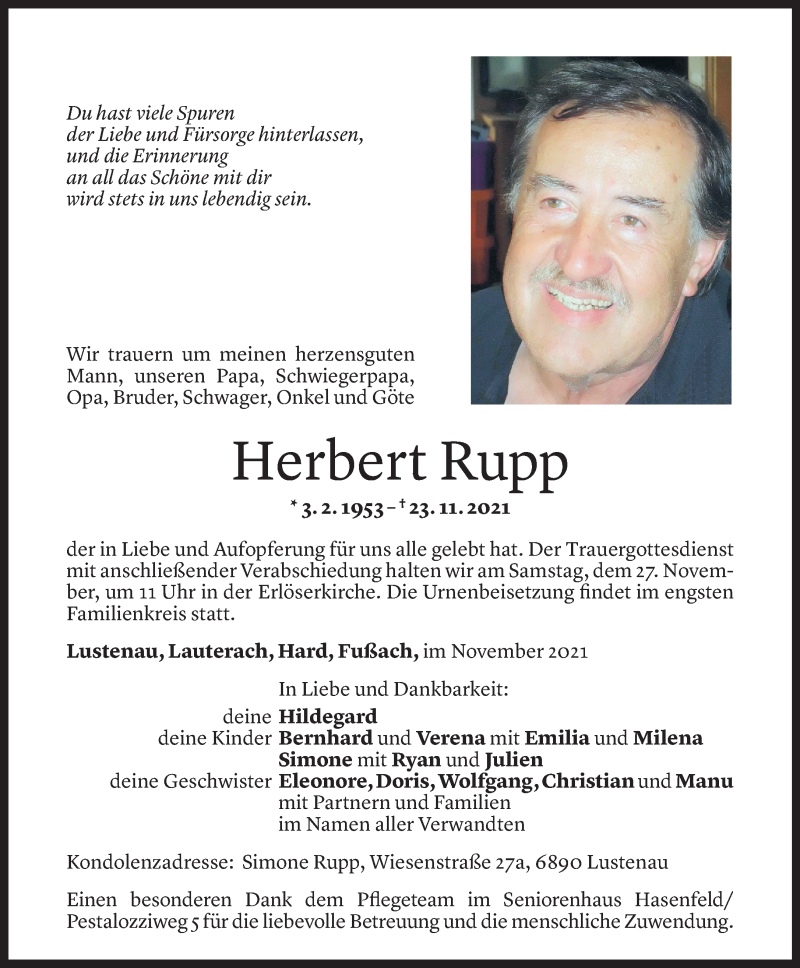  Todesanzeige für Herbert Rupp vom 24.11.2021 aus Vorarlberger Nachrichten