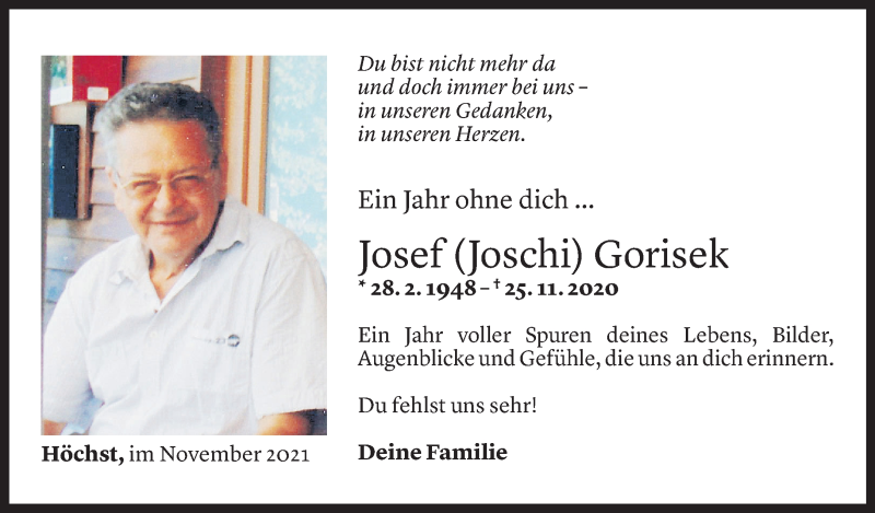  Todesanzeige für Josef Gorisek vom 24.11.2021 aus Vorarlberger Nachrichten