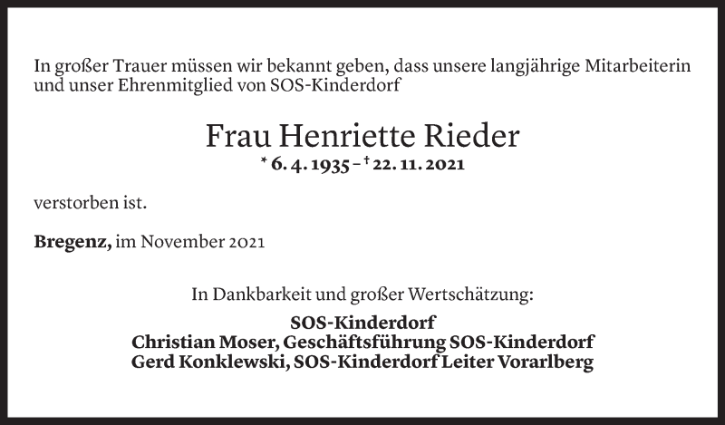  Todesanzeige für Henriette Rieder vom 30.11.2021 aus Vorarlberger Nachrichten