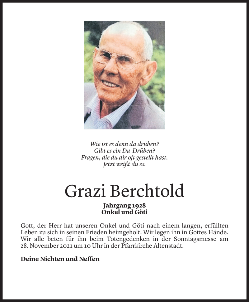  Todesanzeige für Pankraz Berchtold vom 20.11.2021 aus Vorarlberger Nachrichten