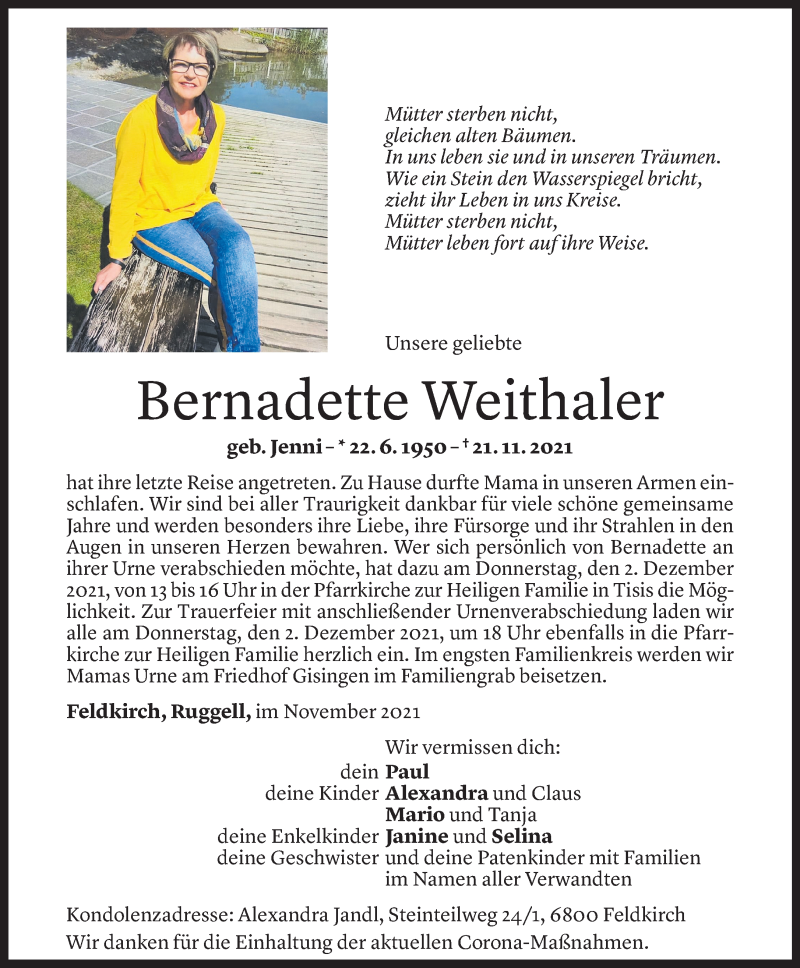  Todesanzeige für Bernadette Weithaler vom 29.11.2021 aus Vorarlberger Nachrichten
