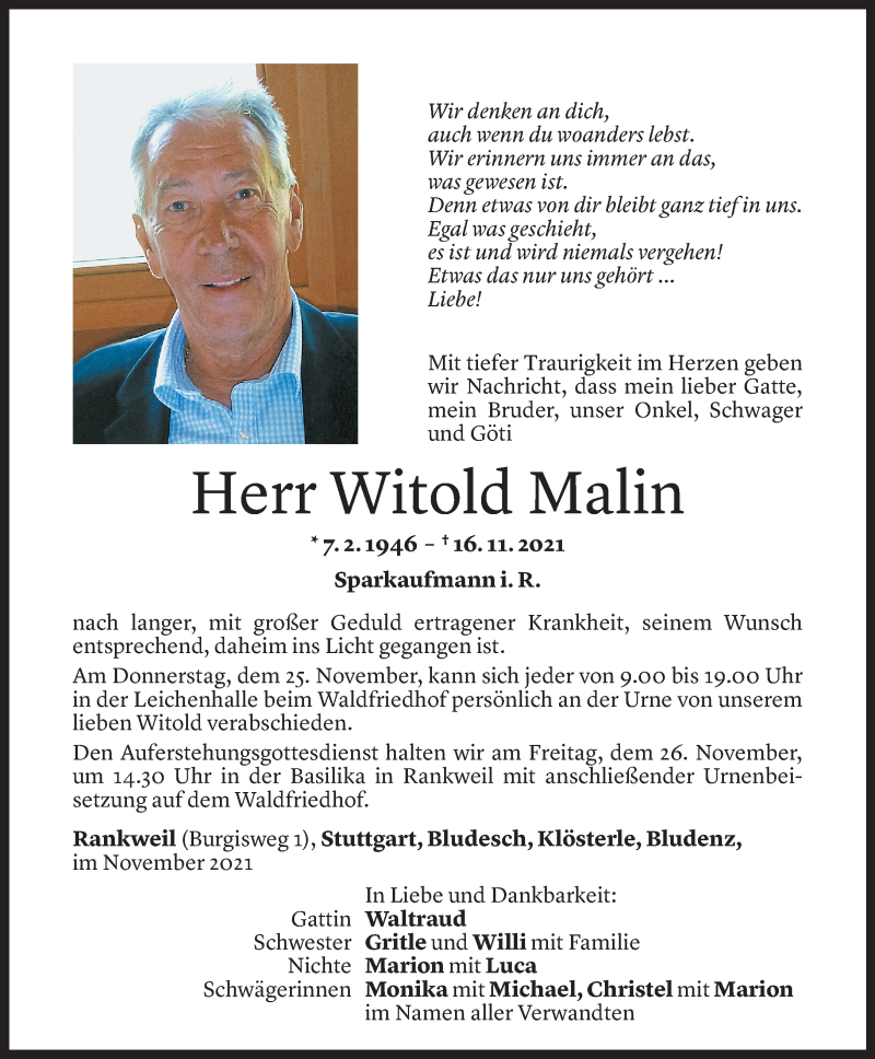  Todesanzeige für Witold Malin vom 23.11.2021 aus Vorarlberger Nachrichten