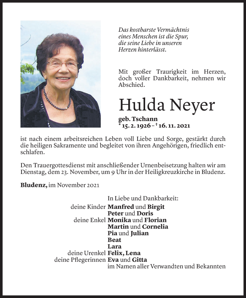 Todesanzeige für Hulda Neyer vom 20.11.2021 aus Vorarlberger Nachrichten