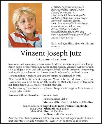 Todesanzeige von Vinzent Joseph Jutz von Vorarlberger Nachrichten