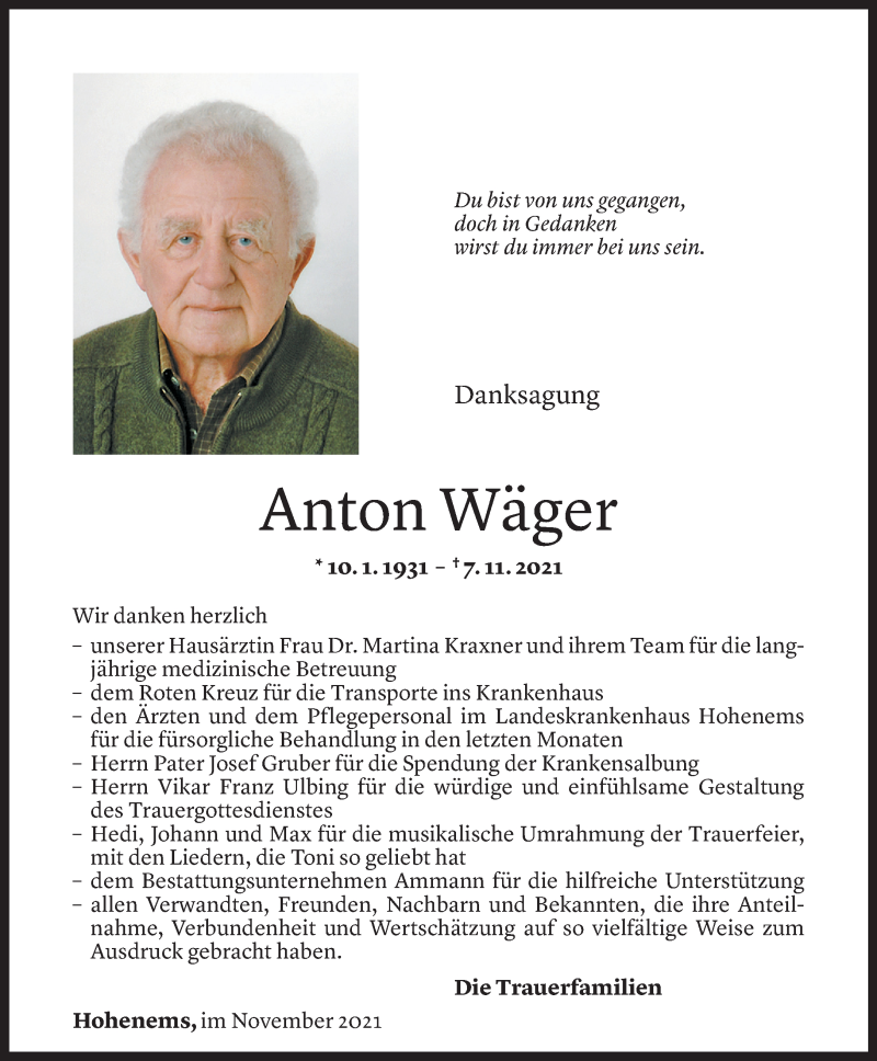  Todesanzeige für Anton Wäger vom 29.11.2021 aus Vorarlberger Nachrichten