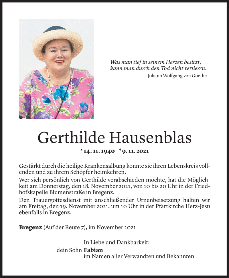  Todesanzeige für Gerthilde Hausenblas vom 14.11.2021 aus Vorarlberger Nachrichten