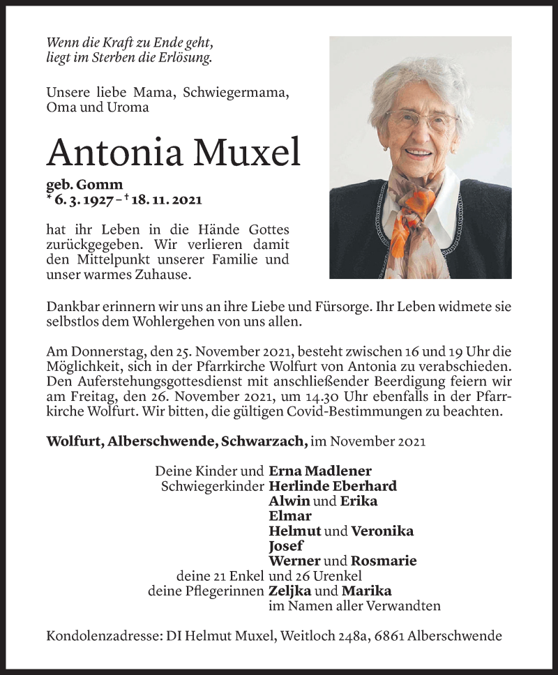  Todesanzeige für Antonia Muxel vom 23.11.2021 aus Vorarlberger Nachrichten