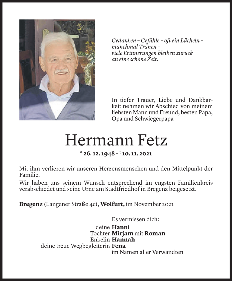  Todesanzeige für Hermann Fetz vom 19.11.2021 aus Vorarlberger Nachrichten