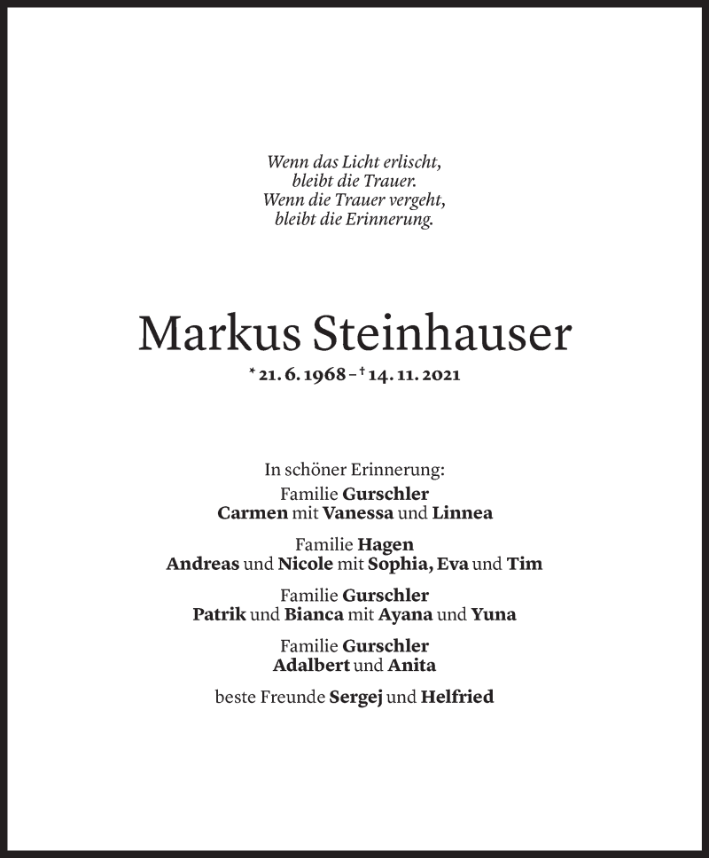  Todesanzeige für Markus Steinhauser vom 20.11.2021 aus Vorarlberger Nachrichten