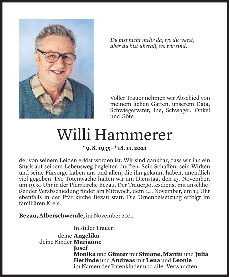  Todesanzeige für Willi Hammerer vom 22.11.2021 aus Vorarlberger Nachrichten