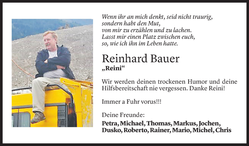  Todesanzeige für Reinhard Bauer vom 12.11.2020 aus Vorarlberger Nachrichten