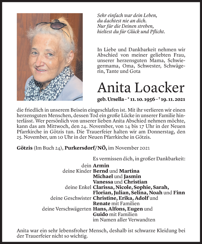  Todesanzeige für Anita Loacker vom 20.11.2021 aus Vorarlberger Nachrichten