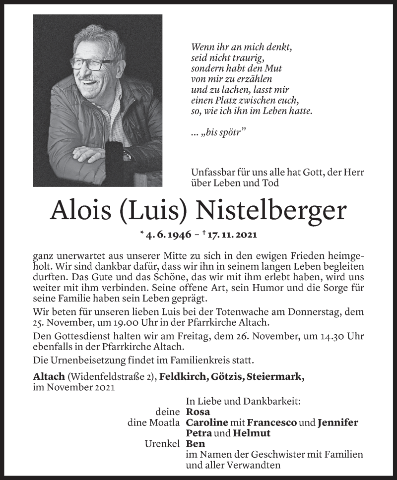  Todesanzeige für Alois Nistelberger vom 23.11.2021 aus Vorarlberger Nachrichten