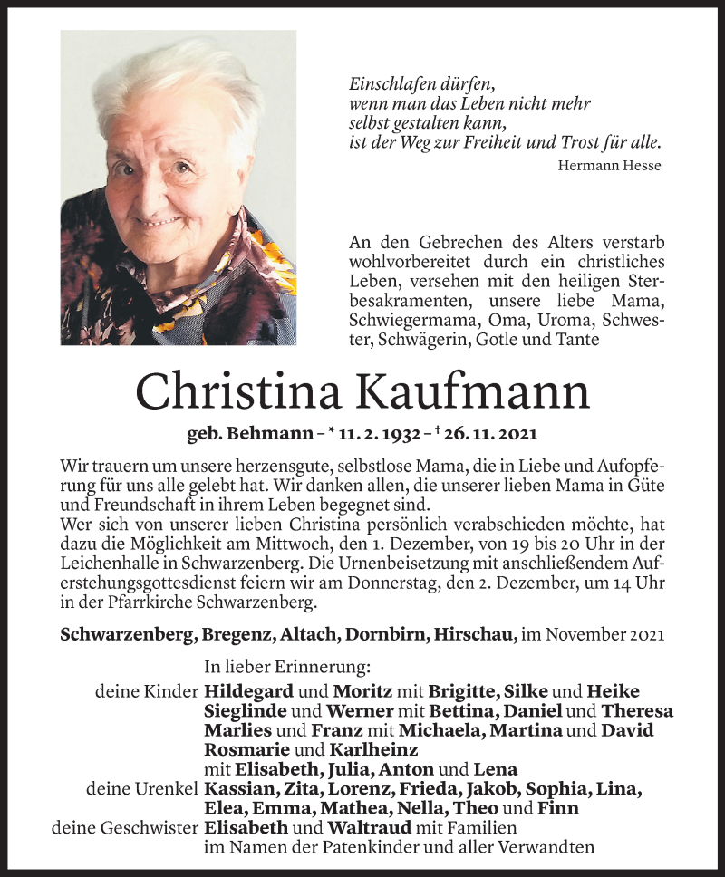  Todesanzeige für Christina Kaufmann vom 29.11.2021 aus Vorarlberger Nachrichten