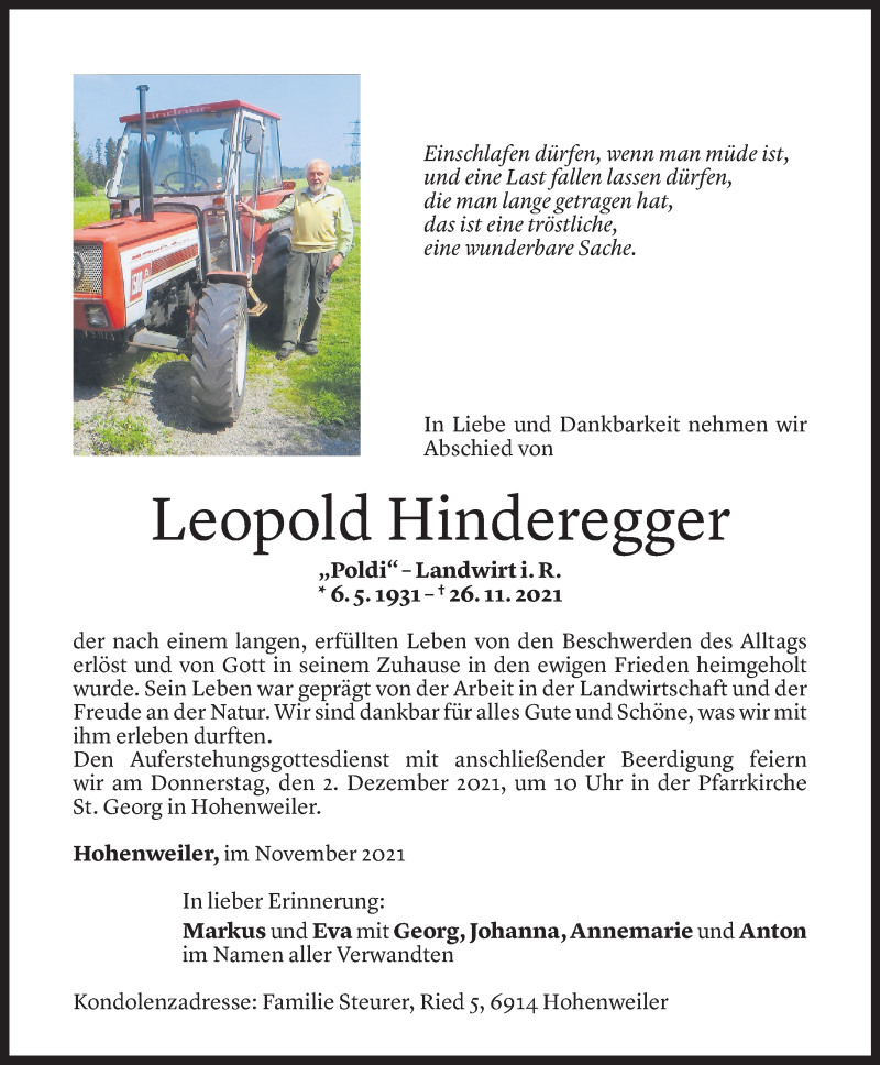  Todesanzeige für Leopold Hinderegger vom 29.11.2021 aus Vorarlberger Nachrichten