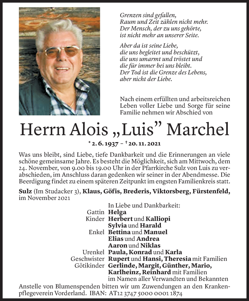  Todesanzeige für Alois Marchel vom 23.11.2021 aus Vorarlberger Nachrichten