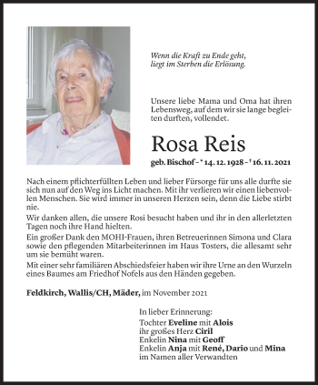 Todesanzeige von Rosa Reis von Vorarlberger Nachrichten