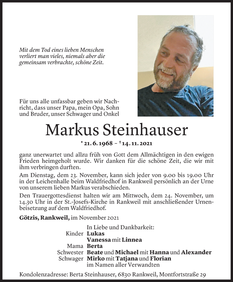  Todesanzeige für Markus Steinhauser vom 20.11.2021 aus Vorarlberger Nachrichten