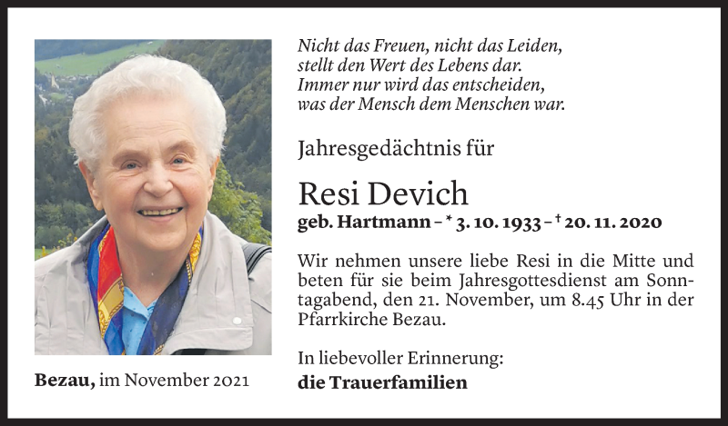  Todesanzeige für Resi Devich vom 19.11.2021 aus Vorarlberger Nachrichten