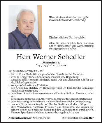 Todesanzeige von Werner Schedler von Vorarlberger Nachrichten