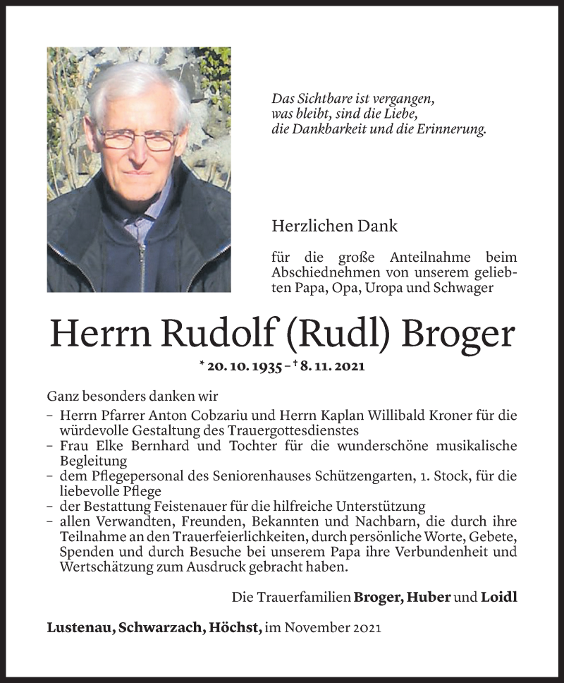  Todesanzeige für Rudolf Broger vom 26.11.2021 aus Vorarlberger Nachrichten